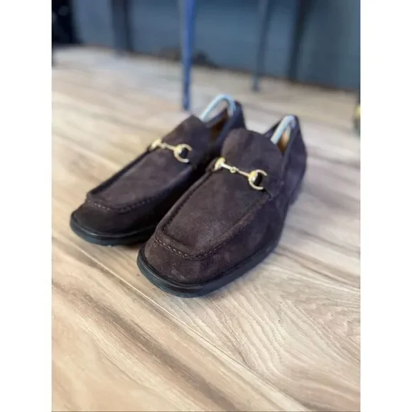 Gucci Mens Dark Brown Chocolate Suede Gold Horse-bit Buckle Loafers Size 10 - Picture 11 of 14